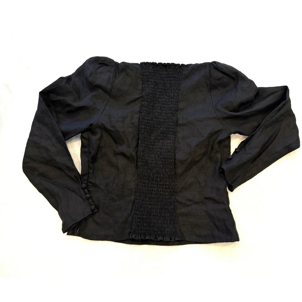 Reformation Black Linen Smocked Back‎ Square Neck Puff Sleeve Blouse Top